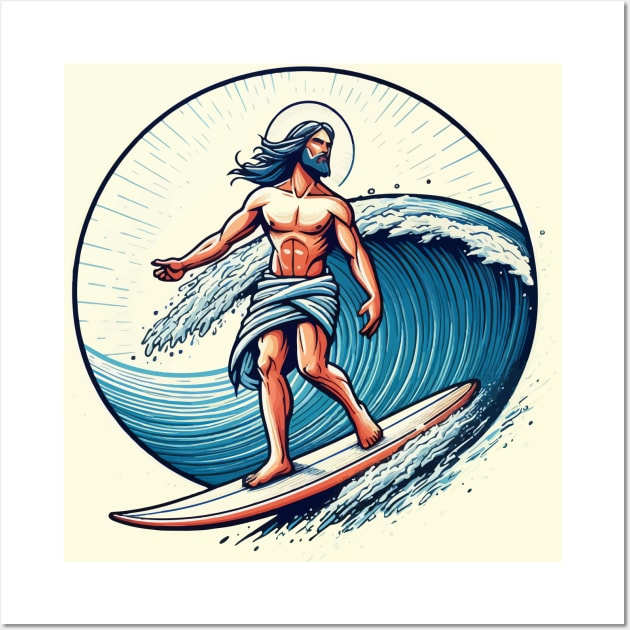 Funny Jesus Christ On Surfboard Wall Art by TomFrontierArt